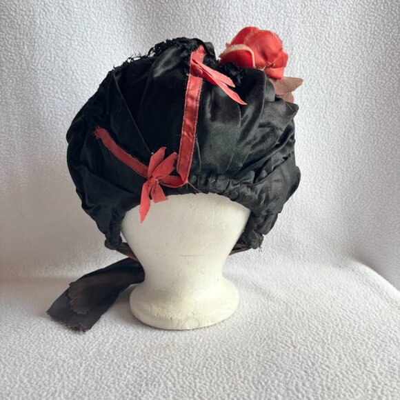 Antique Victorian Black Silk & Velvet Bonnet with Flower main image 11
